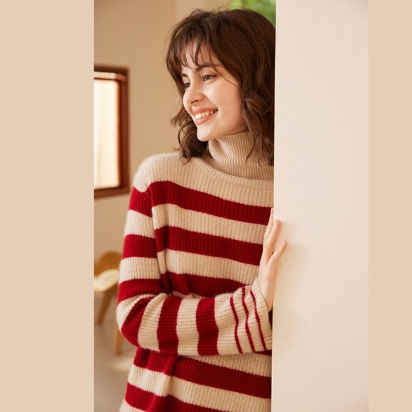 Light Luxury - Women's Turtleneck Striped Pure Cashmere Sweater - Picture 3 of 7
